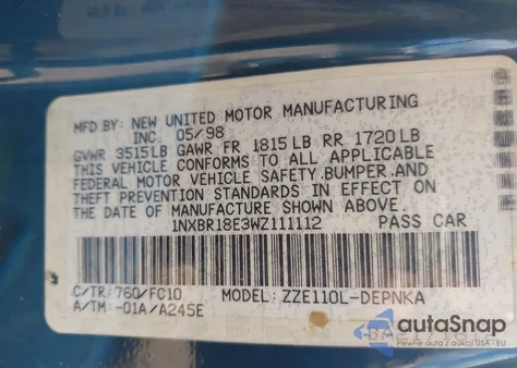 1998 Toyota Corolla Le z USA, uszkodzony, nr VIN 1NXBR18E3WZ111112